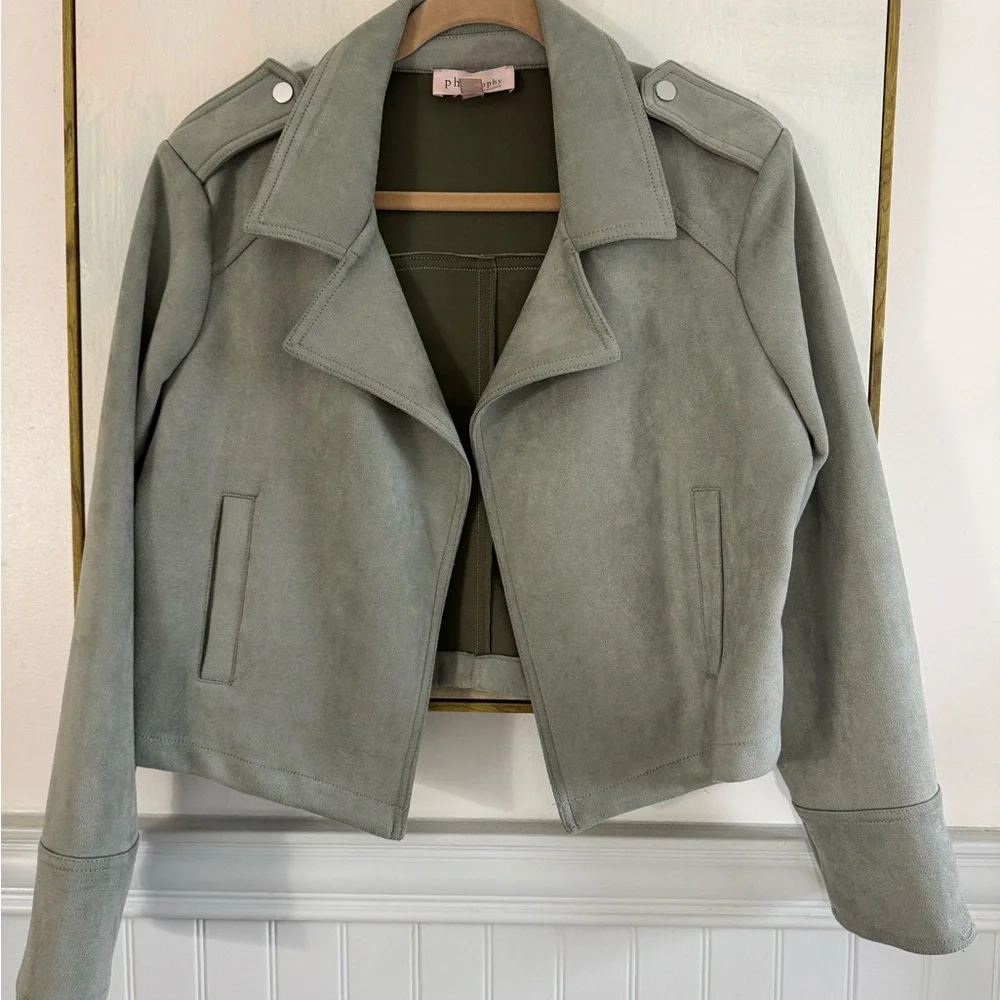 PHILOSOPHY Biker Jacket Gray Green Faux Suede Zip Front w/ Pockets Size - Picture 5 of 8